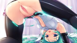 1girls ass ass_up exposed_ass exposed_pussy female green_eyes green_hair hatsune_miku hatsune_miku_(append) legs_apart looking_at_viewer no_panties on_bed partially_clothed pussy shiny_skin solo spread_legs thick_thighs thighhighs thighs twintails uncensored vocaloid