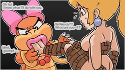 2girls angry ass black_background breasts english_text female female_only mario_(series) multiple_girls nintendo nude nude_female plaguetyranno princess_peach restrained scared simple_background text tied_hair tied_up vore wendy_o._koopa