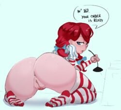 1girls anus ass bard-bot big_ass butt feet female female_only female_solo huge_ass light-skinned_female light_skin pubic_hair pussy red_hair red_pubic_hair redhead simple_background solo speech_bubble stockings text vulva wendy's wendy_thomas