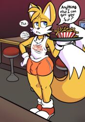 1boy 2020 ass blue_eyes bottomwear bulge canid canine clothed clothing english_text femboy femboy_hooters food fox fries fur girly hand_on_hip hi_res holding_plate hooters hooters_uniform male male_only mammal miles_prower restaurant shirt shorts solo sonic_(series) sonic_the_hedgehog_(series) taillove_(artist) tails tank_top text thick_thighs topwear wide_hips yellow_body yellow_fur