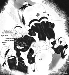 1boy 1girls against_wall android artist_name ass below_view big_ass big_breasts black_and_white blindfold blue_eyes boots bottomless breasts choker cleavage_cutout clothing cum cum_in_pussy cum_inside cum_on_ass emotionless english_text favorite female female_penetrated femdom from_behind from_behind_position gloves hairband highres legband male male_penetrating medium_hair motion_lines nier nier:_automata nier_(series) partially_colored patreon_username penetration penis penis_between_thighs plap pussy robot sex short_hair shorts shorts_down shoulder_blades size_difference smaller_male sound_effects square_enix standing standing_sex sweat taigerarts text thick_thighs thigh_boots thigh_sex thigh_squeeze thigh_squish thighhighs thighjob vaginal_penetration white_background white_hair wide_hips yorha_2b yorha_9s