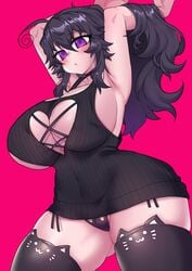 ass_visible_through_thighs cat_ear_legwear cat_ear_panties cleavage crawling_dreams curvy dark_hair dress goth huge_breasts large_breasts long_hair looking_at_viewer nyarla_(crawling_dreams) nyarla_(osiimi) osiimi purple_eyes short_dress side-tie_panties sweater thick_thighs thighhighs