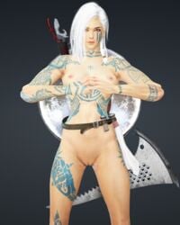 3d areolae athletic axe big_breasts black_desert_online breasts cute female fit guardian_(black_desert) long_hair model nipples original_character posing pussy shaved_pussy shield tattoo teenager thekarabee vagina weapon white_hair young