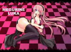 1girls ass black_legwear black_thighhighs blue_eyes breasts censored checkered checkered_floor female headphones legs long_hair lying megurine_luka on_side open_clothes pink_hair ratise side_slit solo star thighhighs very_long_hair vocaloid wink