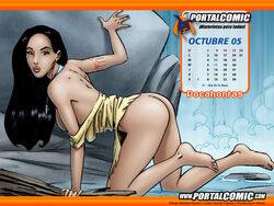 1girls 2005 ass barefoot black_hair breasts calendar_(medium) clothing dark-skinned_female dark_hair dark_skin disney disney_princess female female_only human long_hair mariano_navarro native_american nipples pocahontas pocahontas_(character) solo tagme topless