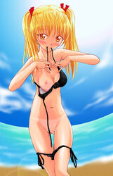 1girls beach blonde_hair blush breasts censored female female_only nipple nipples sawachika_eri school_rumble solo tanline twintails undressing