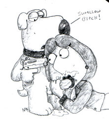 anthro brian_griffin dog family_guy fellatio female human interspecies lois_griffin male monochrome necron99 penis size_difference standing straight zoophilia