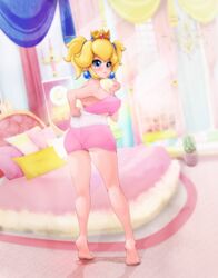 1girls barefoot black-rayal blonde_hair blue_eyes blush crown earrings female female_only human looking_at_viewer mario_(series) nintendo panties princess_peach soles solo super_mario_bros.