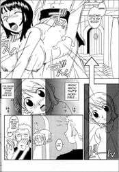 2boys 2girls comic doujinshi female human kenix male monkey_d_luffy nami nami_(one_piece) nico_robin one_piece pre-timeskip roronoa_zoro straight straight_hair text