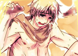 axis_powers_hetalia big_nose blonde_hair censored censored_penis cum_on_body embarrassed embarrassed_nude_male hetalia ivan_braginski nipples pixelated purple_eyes russia_(hetalia) scarf threesome