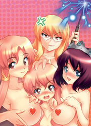 angry areola areolae black_hair blonde_hair blue_eyes blush breast_smother breasts cattleya_yvette_la_baume_le_blanc_de_la_fontaine censored eleanor_albertine_le_blanc_de_la_blois_de_la_valliere glasses grin hand_on_head heart henrietta_de_tristain hikapan large_breasts long_hair louise_francoise_le_blanc_de_la_valliere magic multiple_girls nipple_censor nude pink_eyes pink_hair purple_hair short_hair siblings sisters smile tiara wand yellow_eyes zero_no_tsukaima