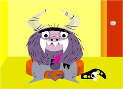 belt canine_penis cartoon_network darkbear_(artist) eduardo_(fhfif) erection foster's_home_for_imaginary_friends hooves horns horns_and_hooves imminent_masturbation male_only masturbation open_mouth penis penis_out purple_fur purple_hair sharp_teeth simple_background simple_shading sitting solo unibrow yellow_background zipper_down