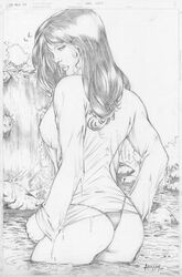 1990s 1999 1girls 20th_century alisson_rodrigues artist_signature ass avengers female female_only hulk_(series) jennifer_walters marvel marvel_comics monochrome nipples panties rear_view see-through_clothing she-hulk sideboob solo thong wet wet_clothes