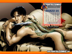 00s 1boy 2005 ass back back_view bed black_hair blood calendar_(medium) crying crying_freeman dated dragon_tattoo gun holding_object holding_sword holding_weapon human human_only looking_at_viewer lying lying_on_bed lying_on_stomach male male_only march_(month) mariano_navarro muscle muscles muscular muscular_male nude nude_male on_bed solo solo_focus solo_male spanish_text sword tattoo tattoo_on_back tattoo_on_butt tattoo_on_legs tears text yo_hinomura