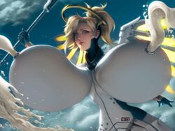 1girls blizzard_entertainment blonde_hair breasts female female_only gigantic_breasts huge_breasts hyper hyper_breasts lactating lactation mangrowing mercy milk overwatch solo wings