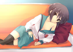 flat_chest grey_hair hijikini lying nagato_yuki nipple_slip nipples pillow pillows school_uniform short_hair suzumiya_haruhi_no_yuuutsu thighhighs yellow_eyes zettai_ryouiki