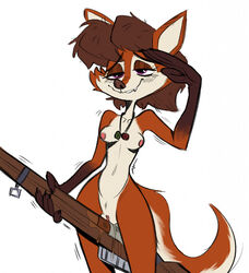 anthro bodily_fluids breasts brown_hair canid canine dog_tags female fox genital_fluids genitals gesture gun hair hi_res lenyavok looking_pleasured mammal masturbating_with_weapon masturbation mouritzeen_(lenyavok) nipples nude purple_eyes pussy pussy_juice ranged_weapon rifle salute solo vaginal_masturbation vaginal_penetration weapon