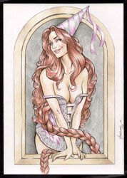 braid breasts cleavage curly_hair fairy_tales female female_only human large_breasts lingerie long_hair looking_at_viewer michelangelo_almeida rapunzel_(fairy_tales) signature smile solo traditional_media very_long_hair