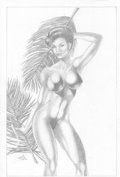 2008 armpits big_breasts collarbone dark_skin david_lima earrings female front_view holding_leaf human looking_at_viewer monochrome nichelle_nichols nude nyota_uhura solo standing star_trek star_trek_the_original_series