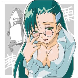 1girls adjusting_glasses blush breasts bust cleavage dokkoida dress_shirt erect_nipples face female glasses green_eyes green_hair haganemaru_kennosuke hair_ornament hairclip kurika kurika_kurinohana kurinohana_kurika leaning_forward long_hair looking_at_viewer lowres naughty_face oekaki open_mouth rocket shirt smile solo very_long_hair