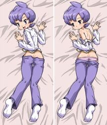 00s 1girls anabel_(pokemon) anabel_(pokemon_rse) artist_request ass back_view breasts clothes color dimples_of_venus feet female female_only frontier_brain hair human human_only light-skinned_female light_skin looking_back nintendo pink_striped_panties pokemon pokemon_rse purple_hair purple_pants short_hair short_purple_hair socks sole_female solo solo_female striped_panties undressing