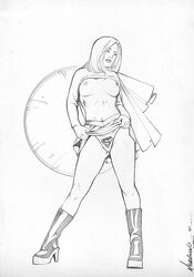 areolae boots breasts cape dc female female_only flashing footwear full_body high_heel_boots large_breasts logo_panties long_hair michelangelo_almeida monochrome nipples no_bra panties print_panties shirt_lift signature skirt_lift solo standing supergirl superheroine traditional_media underwear white_background