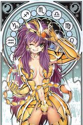 1girls armor bikini_armor breasts eyeliner eyeshadow fake_tail female future_studio gold gold_saints human lipstick long_hair makeup navel rule_63 saint_seiya scorpio_milo shounen_jump spaulders spiked_shoulders tagme tail wink