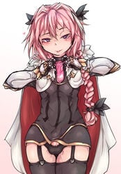 1boy abs androgynous astolfo_(fate) balls balls_in_panties black_thighhighs blush braided_hair condom condom_balloon erection erection_under_clothes eye_contact fate/grand_order fate_(series) femboy filled_condom girly hair_ribbon heo long_hair looking_at_viewer male male_only pale-skinned_male pale_skin pink_condom pink_hair purple_eyes saliva solo thighhighs trap used_condom