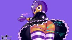 anthro ass big_ass blackberry_cookie candle cookie cookie_run dress female looking_at_viewer looking_back maid purple_background purple_eyes purple_hair pussy short_hair striped_legwear text thick_thighs under_skirt underwear watermark