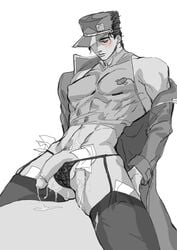 1boy black_hair blush cap cum dilf half-erect half_dressed jojo's_bizarre_adventure jotaro_kujo kawa_(artist) male male_only money monochrome older_male penis solo stone_ocean thighhighs thong trenchcoat