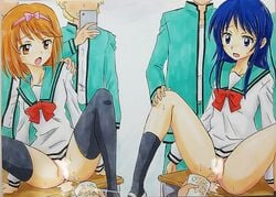 2boys 2girls 6+boys 6boys ass blue_hair blush censored chiyo_yumehara clothing embarrassed half-dressed human multiple_boys multiple_girls orange_hair peeing phone pussy pussy_juice saiki_kusuo_no_psi_nan school_uniform spread_legs teruhashi_kokomi urine