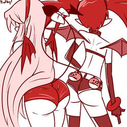 2girls armwear ass ass_focus ass_to_ass big_ass blush booty_shorts choker demon_wings disgaea elf_ears etna flonne flonne_(fallen_angel) long_ears long_hair looking_back middle_finger multiple_girls pointy_ears pov profbyl shorts tagme tail thighhighs wings