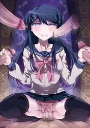 1girls 5boys big_penis blush censored crying crying_with_eyes_open cum cum_inside cum_on_face danganronpa floating_penis fucked_silly gangbang hairy_pussy handjob maizono_sayaka mind_break no_panties oral penis pussy_juice school_uniform sex silly_(marinkomoe) skirt_lift straight straight_hair straight_sex surrounded_by_penises tears under_skirt vaginal_penetration veiny_penis