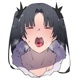 1boy 1girls asian bangs begging black_hair blunt_bangs blush brown_hair commentary_request cute dark_blue_hair deepthroat earrings eyebrows_visible_through_hair eyelashes face fate/grand_order fate_(series) female fringe heavy_breathing highres ishtar_(fate) jewelry jikatarou long_hair long_twintails looking_at_viewer open_mouth oral oral_invitation pale-skinned_female petite pleasure_face red_eyes see-through see-through_penis simple_background skinny slim solo sweat teenager throat tongue twintails uvula white_background young