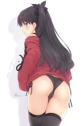 artist_name ass bangs bare_shoulders black_hair black_legwear black_panties blue_eyes blush brown_hair cameltoe closed_mouth commentary_request cowboy_shot dan_(kumadan) dark_blue_hair eyebrows_visible_through_hair eyelashes fate/stay_night fate_(series) female from_behind highres hood hoodie long_hair long_sleeves looking_at_viewer looking_back off_shoulder panties profile red_hoodie shiny shiny_skin side-tie_panties silhouette simple_background skindentation solo teenager thighhighs thong tohsaka_rin twintails two_side_up type-moon underwear white_background