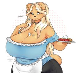 amara_(jwinkz) anthro big_breasts blonde_hair blue_eyes breasts cherrikissu cleavage clothed clothing digital_media_(artwork) female food hair hi_res huge_breasts long_hair mammal pie simple_background solo thick_thighs ursid whipped_cream