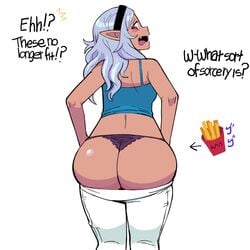 1girls animated ass big_ass big_belly big_breasts blush breasts bubble_butt chubby curvy dark-skinned_female dark_elf dark_skin denim dr-worm elf elf-san_wa_yaserarenai embarrassed fat_ass female food gif headband huge_ass huge_breasts humanoid jeans kuroeda lewdlemage long_ears long_hair panties pants pointy_ears red_eyes small_clothes struggling struggling_to_fit stuffing tan_skin tanktop thick_thighs tight_clothing tight_fit tight_jeans tight_pants wardrobe_malfunction weight_gain white_background white_hair wide_hips