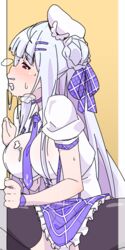 1boy 1girls azur_lane bangs blush bow breasts cum cygnet_(azur_lane) cygnet_(retrofit)_(azur_lane) eyebrows_visible_through_hair fellatio female glory_hole hair_ornament hair_ribbon hat k2ta7 large_breasts light-skinned_female light_skin long_hair oral overflow plaid purple_eyes red_eyes retrofit_(azur_lane) ribbon royal_navy_(azur_lane) shirt skirt solo_focus squatting thighhighs through_wall white_hair