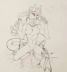 anthro dragon duo fan_character female genitals hybrid line_art male male/female sex sketch traditional_media_(artwork) vape wine_bottle