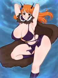 1girls afrobull alternate_breast_size alternate_costume ambiguous_background armpits arms_up beast_pirates_(cosplay) big_breasts breasts cape cleavage clothing erect_nipples erect_nipples_under_clothes female female_only female_solo flower fur_cape hair_flower hair_ornament high_resolution horns huge_breasts large_breasts leg_up long_hair looking_at_viewer microskirt nami navel nipples o-ring o-ring_top one_piece oni_horns orange_eyes orange_hair partially_clothed post-timeskip skirt smile solo solo_female strap_gap tattoo thick_thighs thighs very_high_resolution