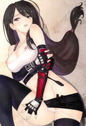 absurdres bangs bare_shoulders black_hair blush breasts cleavage collarbone covered_nipples elbow_pads eyebrows_visible_through_hair female final_fantasy final_fantasy_vii final_fantasy_vii_remake fingerless_gloves gloves highres large_breasts long_hair looking_at_viewer lowleg lowleg_panties lying midriff miniskirt nipples on_back panties pussy pussy_juice scan see-through shiny shiny_hair shiny_skin simple_background skirt solo taka_tony tank_top thighhighs tifa_lockhart underwear white_tank_top