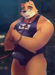 2020 666yubazi anthro balls_outline blush bound brown_body brown_fur bulge clothed clothing erection erection_under_clothing eyewear fur genital_outline glasses hi_res kemono leotard male male_only mammal penis_outline slightly_chubby solo tokyo_afterschool_summoners ursid video_games volos