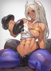 1girls abs big_breasts bra breasts bunny_ears dark-skinned_female dark_skin female female_only large_breasts looking_at_viewer lxkate miruko muscles muscular muscular_female my_hero_academia rabbit_humanoid red_eyes rumi_usagiyama solo spread_legs weightlifting weights white_hair