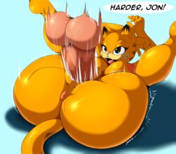 2020 5_fingers anthro anus areola balls breasts dialogue disembodied_penis domestic_cat duo english_text felid feline felis female female_focus female_penetrated fingers garfield_(series) garfield_the_cat genitals hi_res human jon_arbuckle male male_human/female_anthro male_penetrating male_penetrating_female mammal mtf_crossgender nipples nude open_mouth penetration penis rule_63 sex signature simple_background solo_focus straight suirano text thick_thighs vaginal_penetration