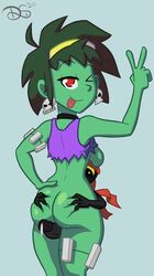 ass bottomless green_hair green_skin looking_at_viewer looking_back peace_sign red_eyes rottytops shantae sticking_out_tongue tinkerbat zombie_girl