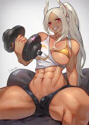 1girls abs big_breasts bra breasts bunny_ears dark-skinned_female dark_skin female female_only large_breasts looking_at_viewer lxkate miruko muscles muscular muscular_female my_hero_academia rabbit_humanoid red_eyes rumi_usagiyama shorts solo spread_legs weightlifting weights white_hair