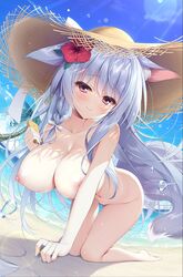 all_fours animal_ears bangs barefoot beach bell blush braid breasts completely_nude day eyebrows_visible_through_hair female flower grey_hair hair_flower hair_ornament hat highres holding large_breasts long_hair looking_at_viewer lotion nipples nude original outdoors pouring purple_eyes side_braid sidelocks smile solo straw_hat tail thighs wet wolf_ears wolf_tail yatanukikey