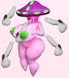 3_fingers anthro areola big_breasts breasts coffeewithdicks disembodied_penis elemental_creature elemental_humanoid female fingers fungi_fauna fungi_humanoid fungus genitals group hi_res humanoid male monster_girl_(genre) mushroom nipples nude paizuri penis pink_body sex shortstack simple_background standing thick_thighs titjob wide_hips