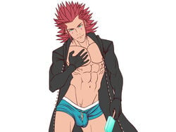 1boy abs artist_request axel_(kingdom_hearts) black_coat bulge coat color face_markings green_eyes grin handwear human kingdom_hearts looking_at_viewer male male_focus male_only muscle muscles muscular muscular_male outerwear pecs peeking_out red_hair simple_background solo stripping teasing toned toned_male touching unbuttoned underwear white_background