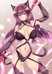 bell_collar belly belly_button breasts cat_costume cat_ears cat_tail fate/grand_order fate_(series) maroon_hair nails scathach_(fate) spear takecha takecha_zuke_(artist) tights